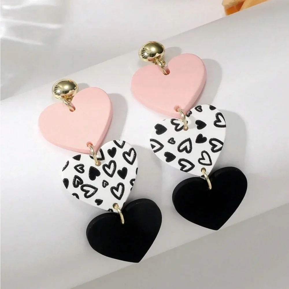 Heart Drop Earrings in Pink, Black, and White - Picture 3 of 5